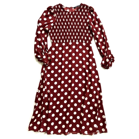 Zara Burgundy Rust Brown & White Polka Dot Smocked Blouson Sleeve Maxi Dress - Picture 3 of 8